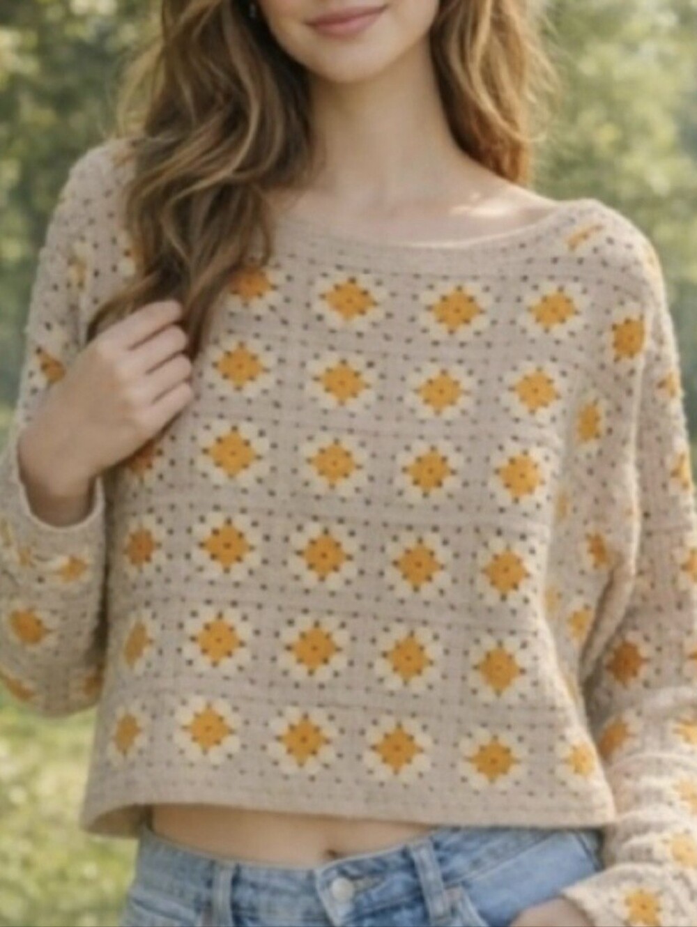 INDUSTRY Cream Crochet Boho Crop Sweater with Yellow Daisy Motif